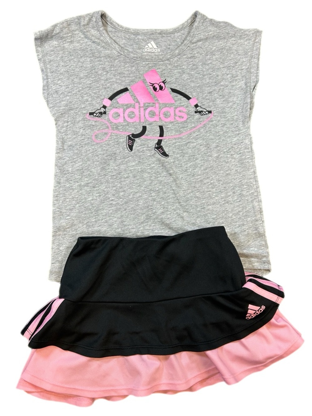 Adidas Girl’s Size 4 Matching T-Shirt and Skort-Pink, Gray and Black
